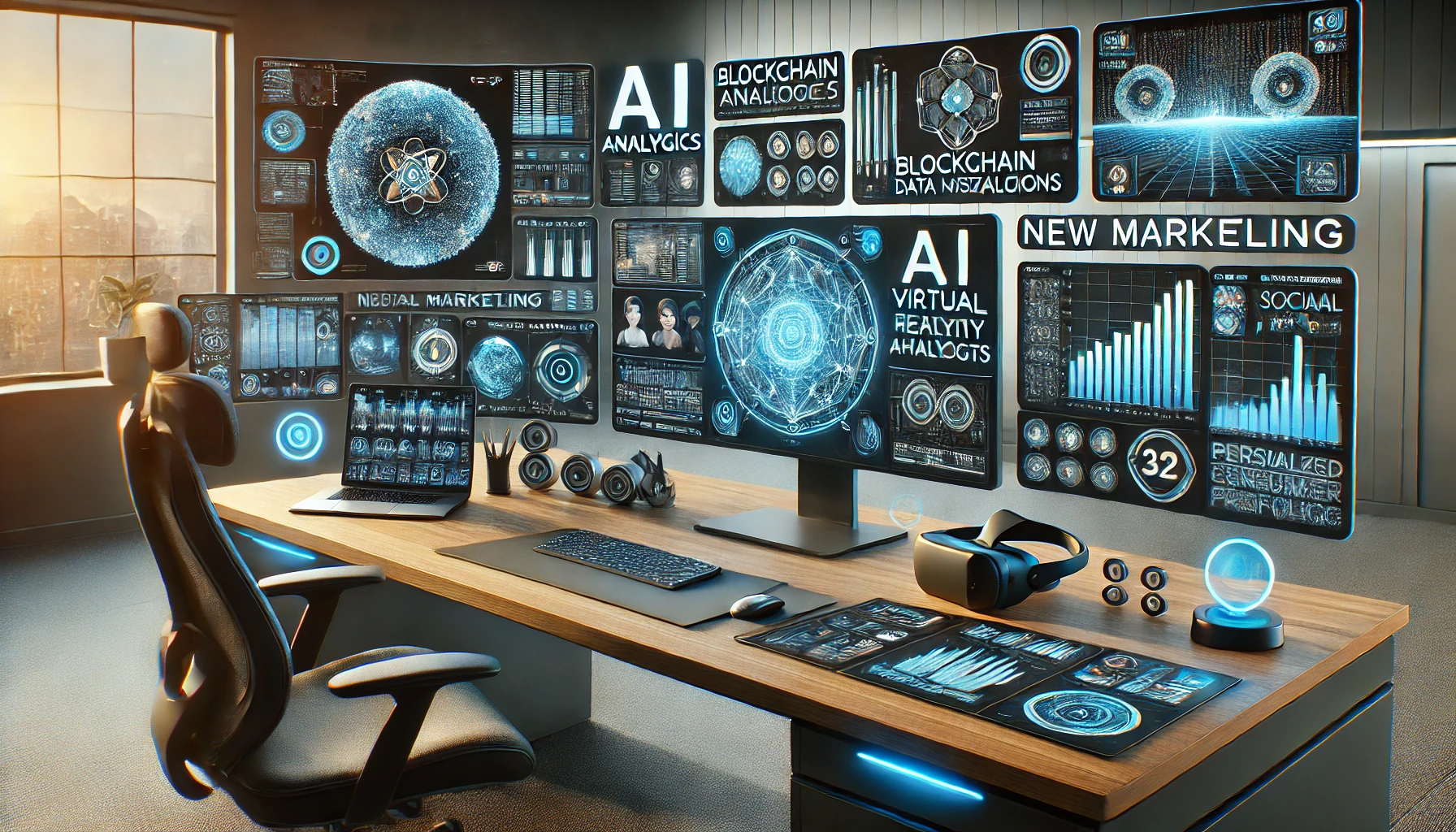 a desktop with multiple screens displaying AI analytics, virtual reality headsets, blockchain data visualizations, social media platforms, and personalized consumer profiles.