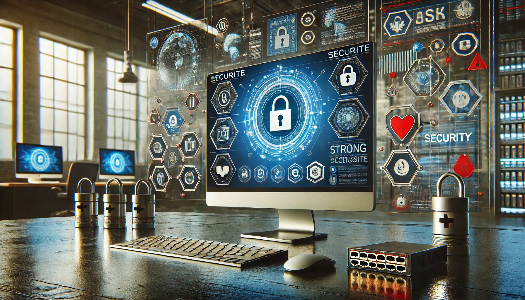 a secure e-commerce website dashboard on a computer screen, displaying strong encryption symbols and security certifications.