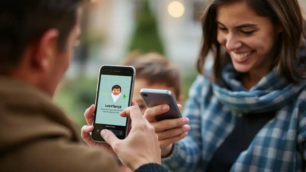 A smiling parent using a phone to monitor their child's location for safety.