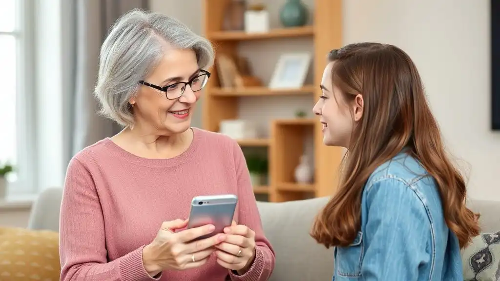 A middle-aged woman talking to her teenage daughter and holding a smartphone in her hands