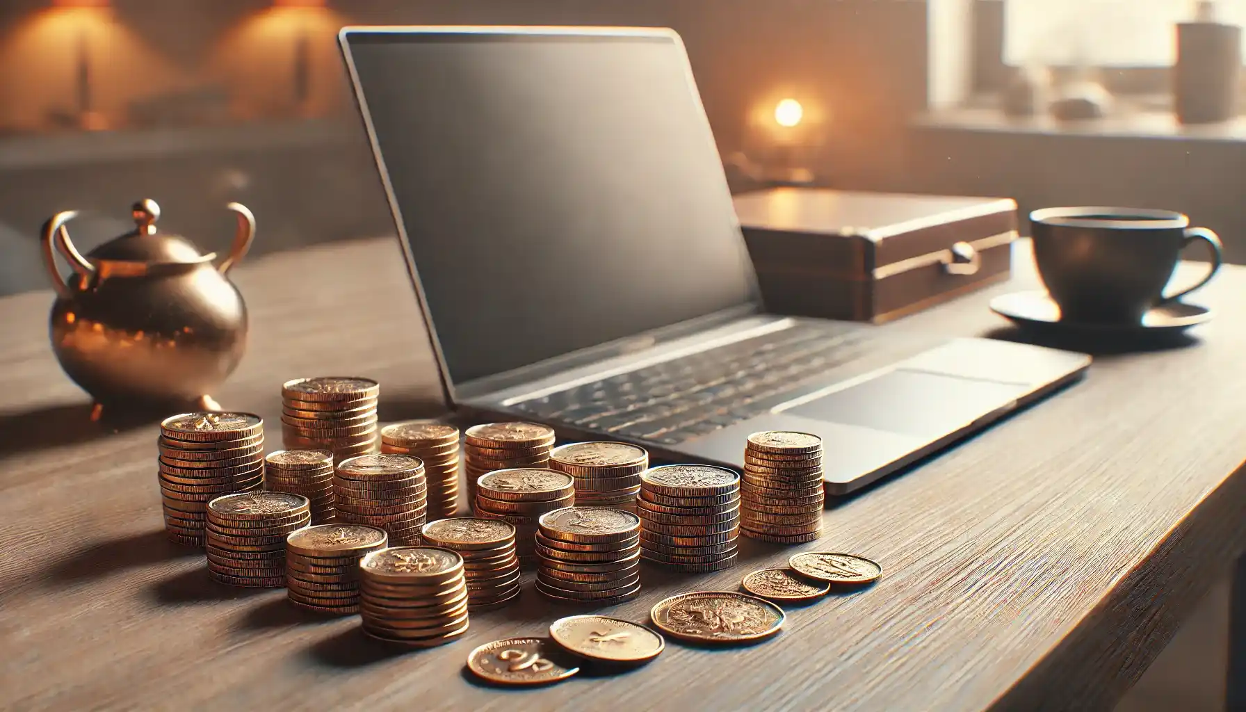 A cozy desk setup featuring neatly stacked coins alongside a closed laptop, illuminated by warm natural light in a modern, inviting space.