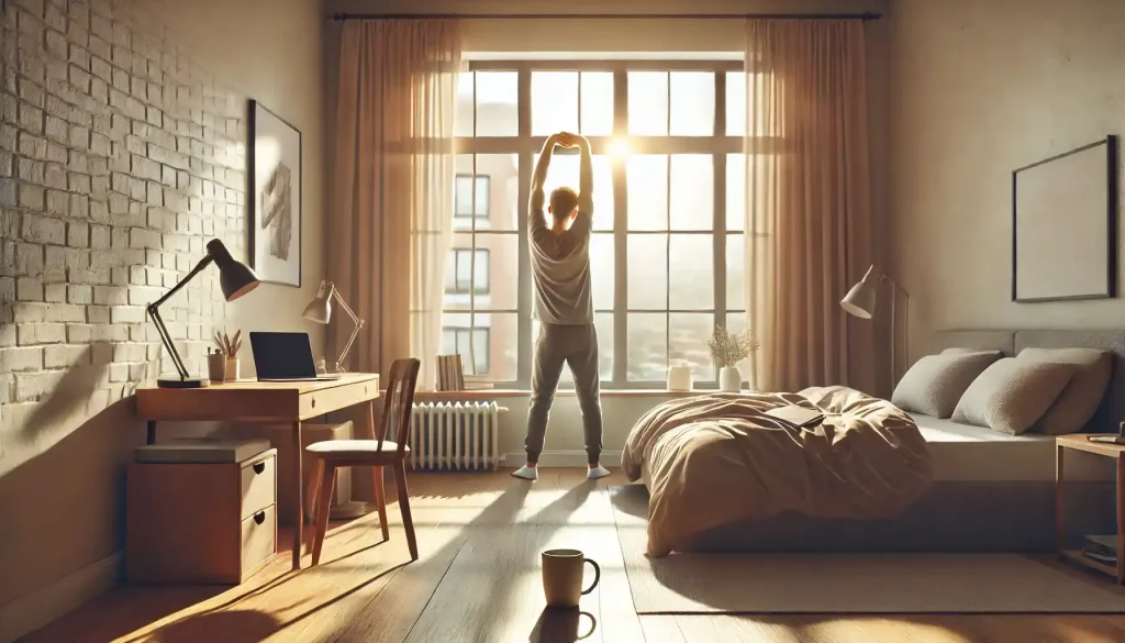 A young freelancer is waking up early in a cozy, sunlit apartment. He is stretching by the window, wearing comfortable clothes, ready to start the workday.
