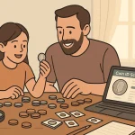 A father and a daughter sort coins together while checking them digitally.