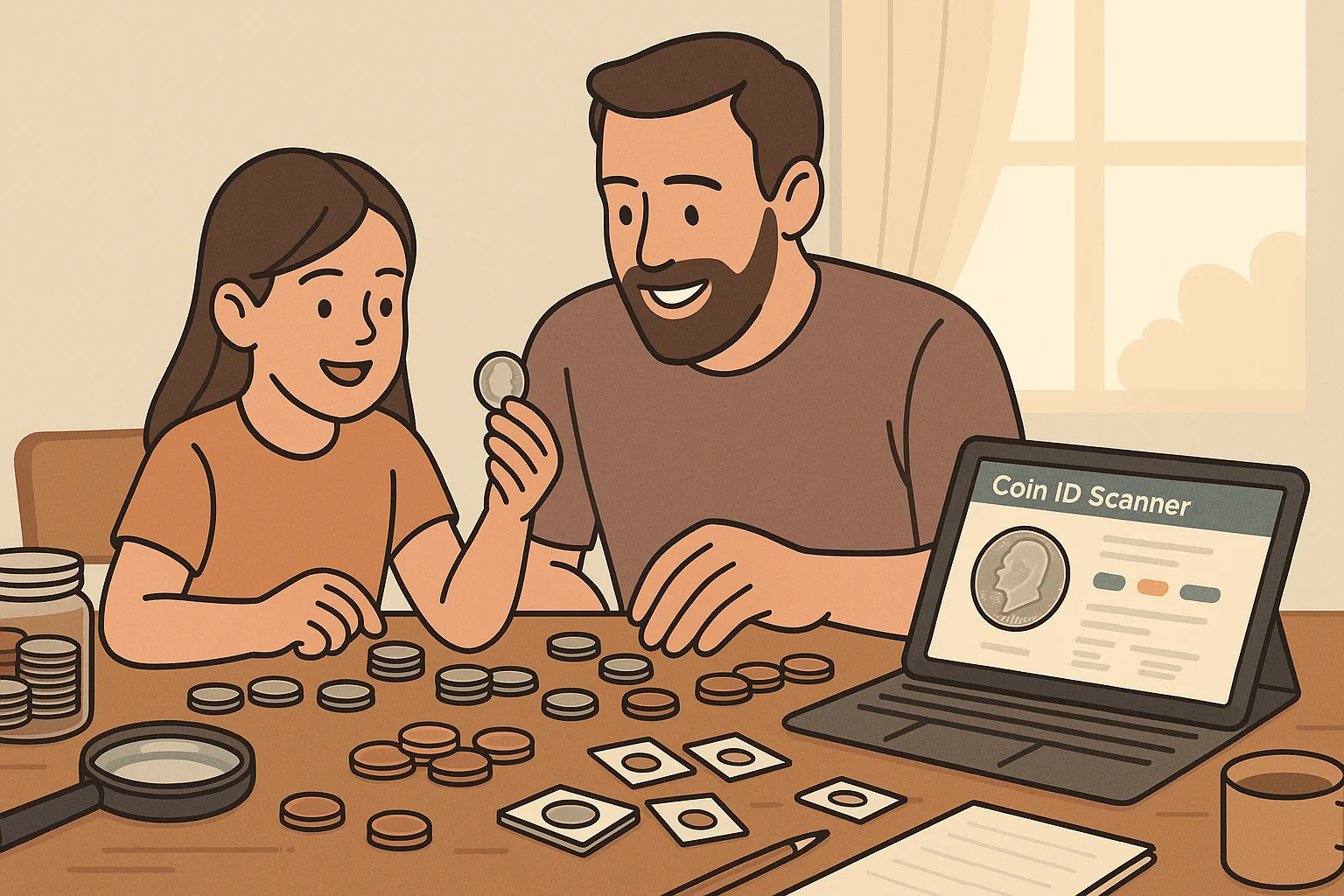 A father and a daughter sort coins together while checking them digitally.