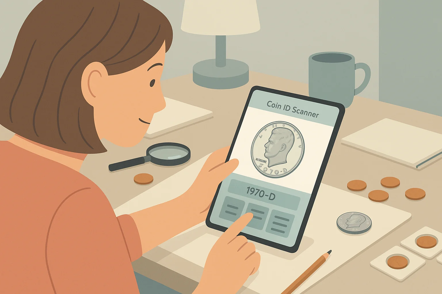 A woman identifies a 1970 Kennedy half dollar via Coin ID Scanner.