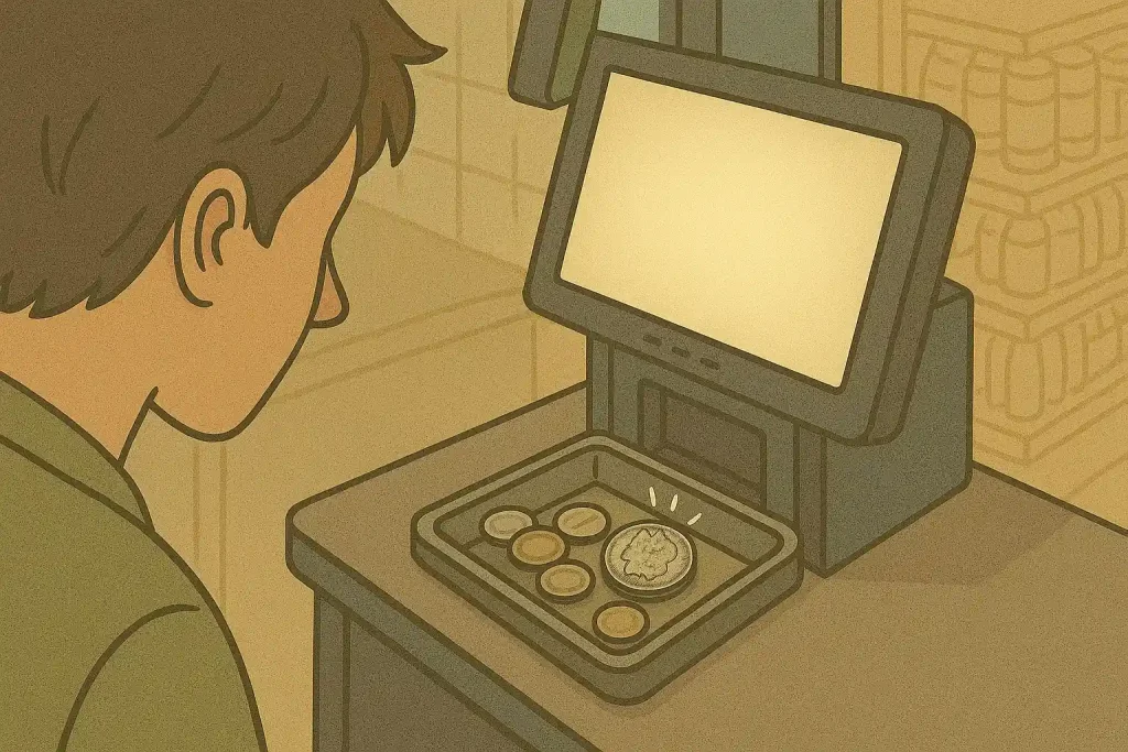 A customer spots an unusual coin in a supermarket section.