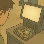 A customer spots an unusual coin in a supermarket section.